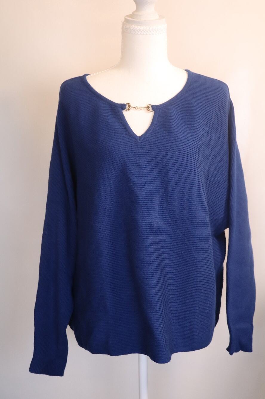 NEW Montgomery Navy Blue Keyhole Ribbed Knit Long Sleeve Oversized Sweater XL